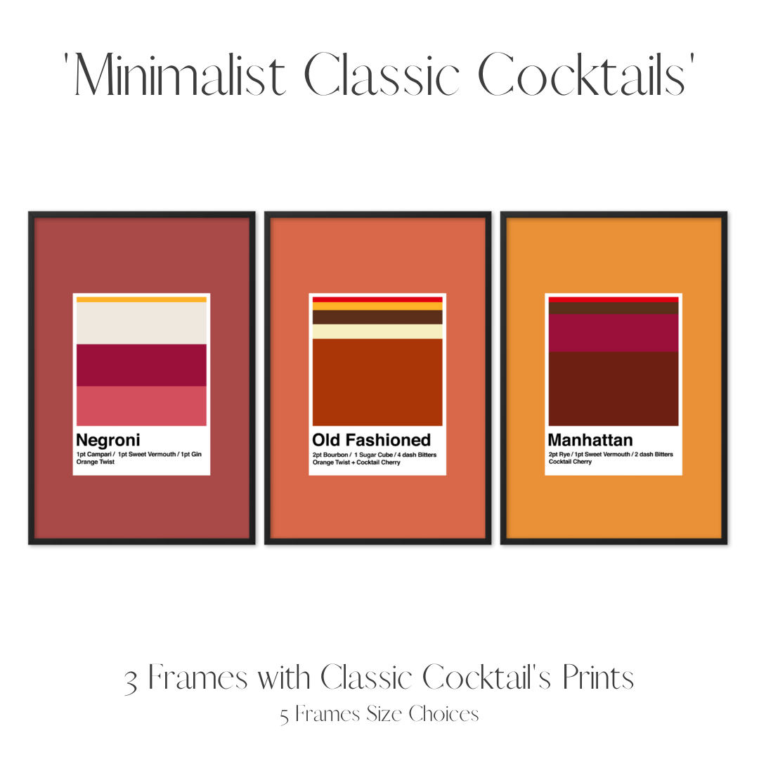 Set of 3 Frames Including Minimalist Classic Cocktail Prints