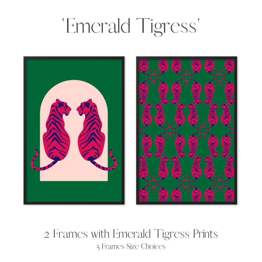 Set of 2 Frames Including Minimalist Emerald Tigress Prints