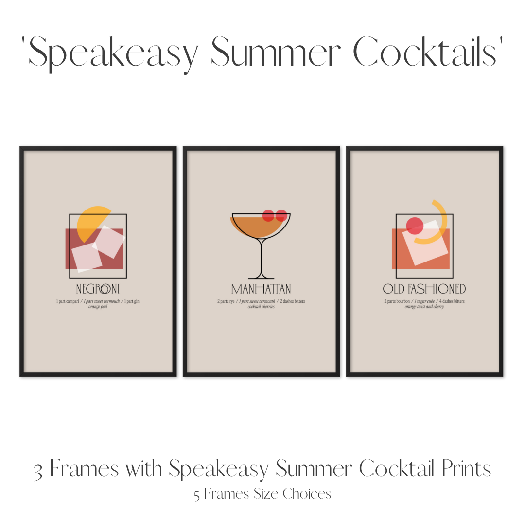 Set of 3 Frames Including Minimalist Speakeasy Summer Cocktails Prints