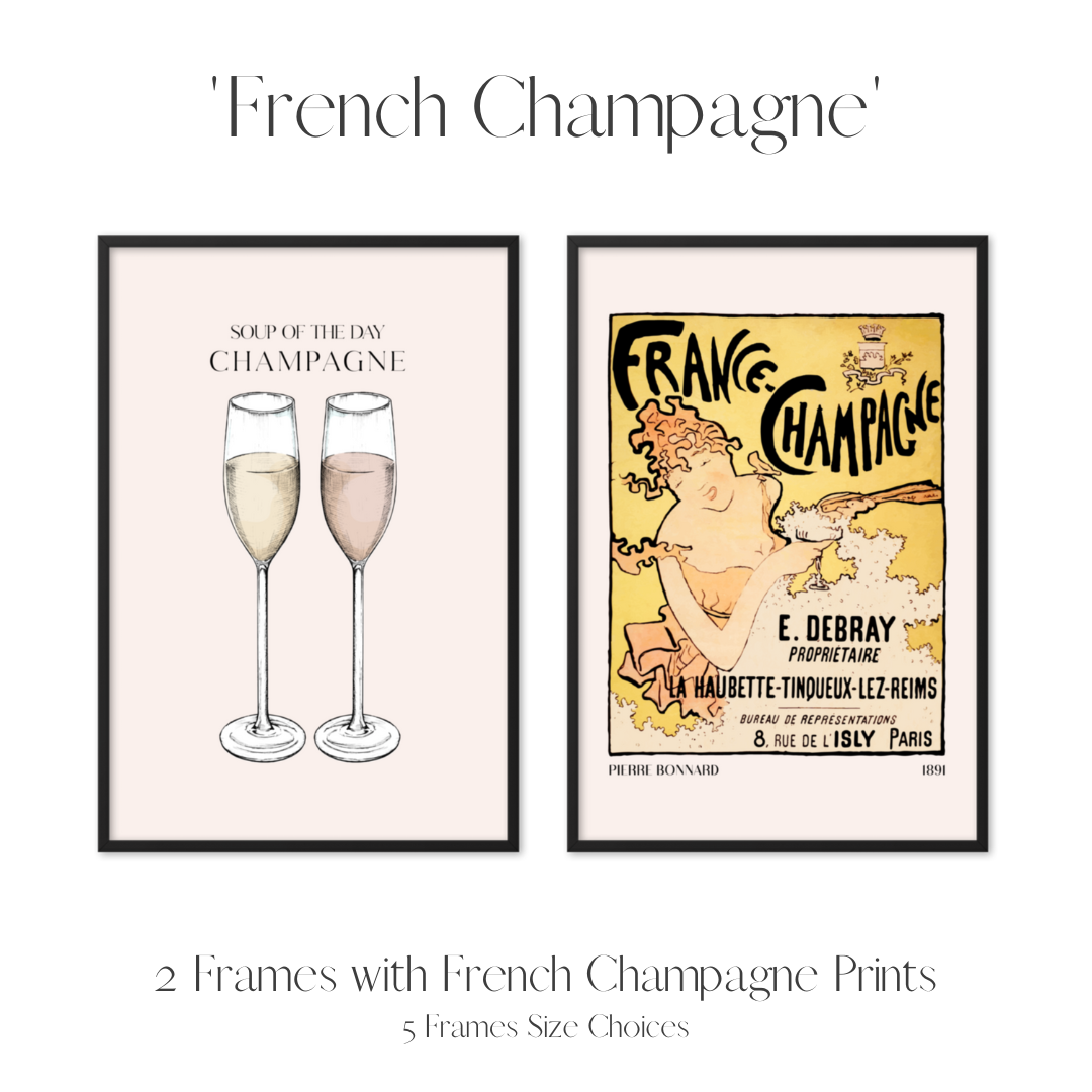 Set of 2 Frames Including Minimalist French Champagne Prints