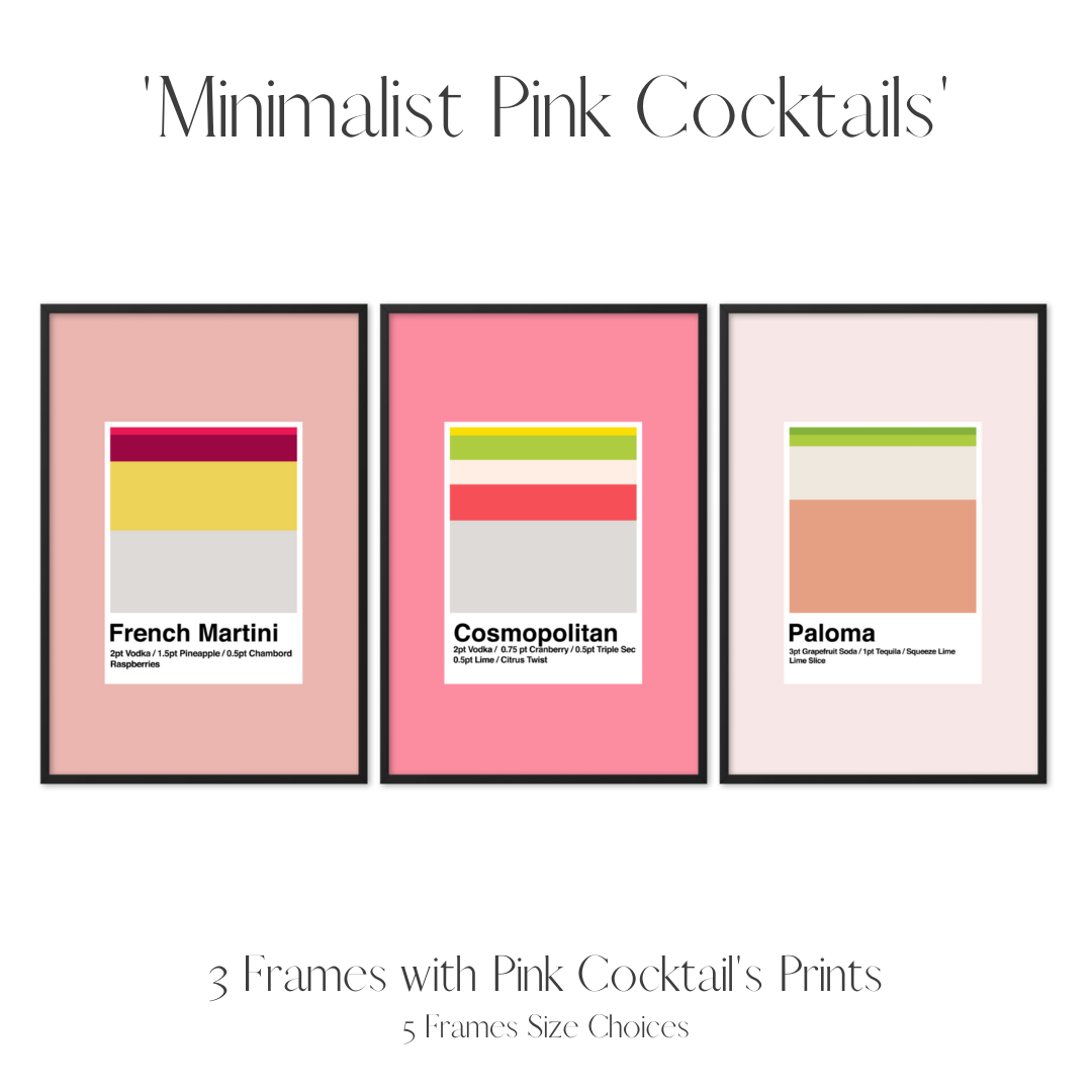 Set of 3 Frames Including Minimalist Pink Cocktails Prints