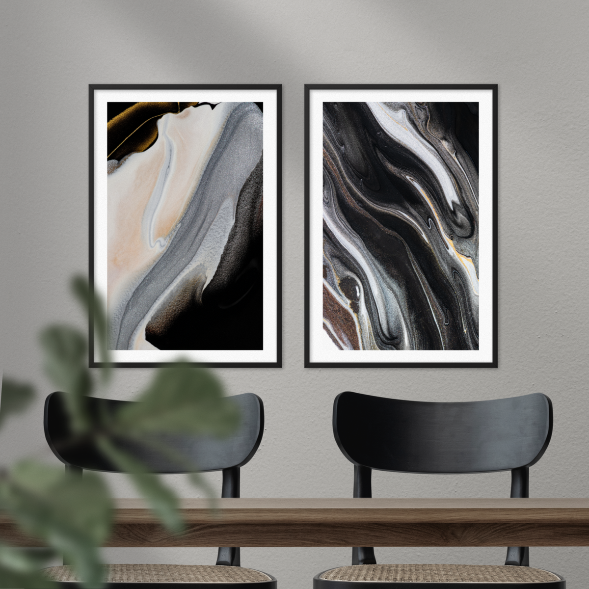 Set of 2 Frames Including Minimalist Onyx Abstract Prints